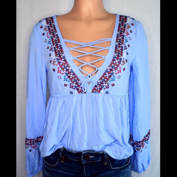 Aeropostale Tops - Aeropostale - Blue, Boho, V-Neck. Long Sleeve Blouse
